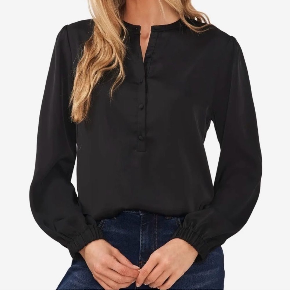 CeCe Black Satin Long Sleeve Blouse
